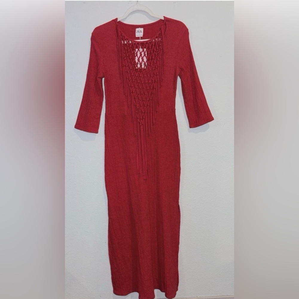 NWT Zara Long Sleeve Fringe Knit Midi Dress - Picture 9 of 12